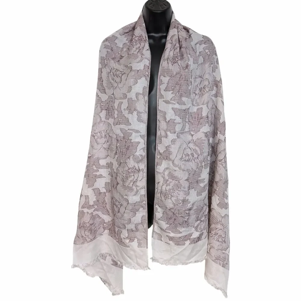 VTG 100% Pashmina Floral Damask Burnout Scarf Wrap Shawl Mauve Pink Cream Fringe